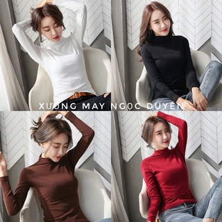 Áo giữ nhiệt nữ dài tay cổ tròn lọ cao 3 phân có lót nỉ Áo thun giữ nhiệt nữ tay dài co giãn ôm body mặc thu đông cực ấm
