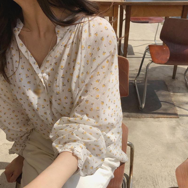 Áo Voan Dài Tay In Hoa Xinh Xắn Theo Phong Cách Hàn Quốc