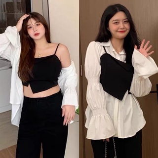 Set áo sơ mi bigsize kèm croptop vạt lệch [OOTD BIGSIZE 60-90kg]