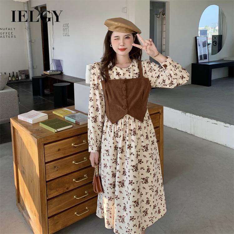 IELGY   Đầm Dài Cổ Tròn In Họa Tiết Hoa Phong Cách Hàn Quốc Cho Nữ