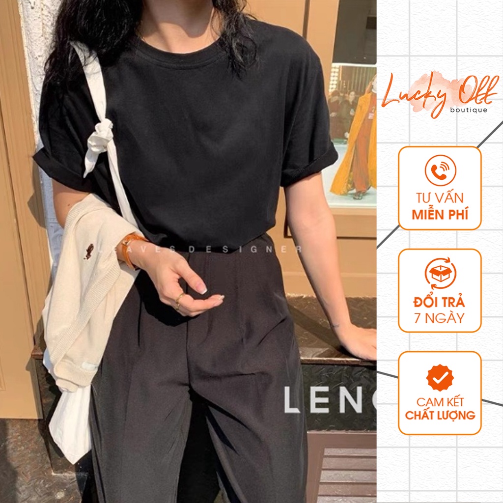 Áo thun cổ tròn trơn nữ basic LENGI  tay lỡ 100% cotton hai màu trắng đen cao cấp - LK005