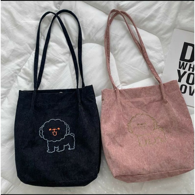 Túi đeo vai, vải gân nhung đẹp, mềm, chó thêu - CHÓ CUTE