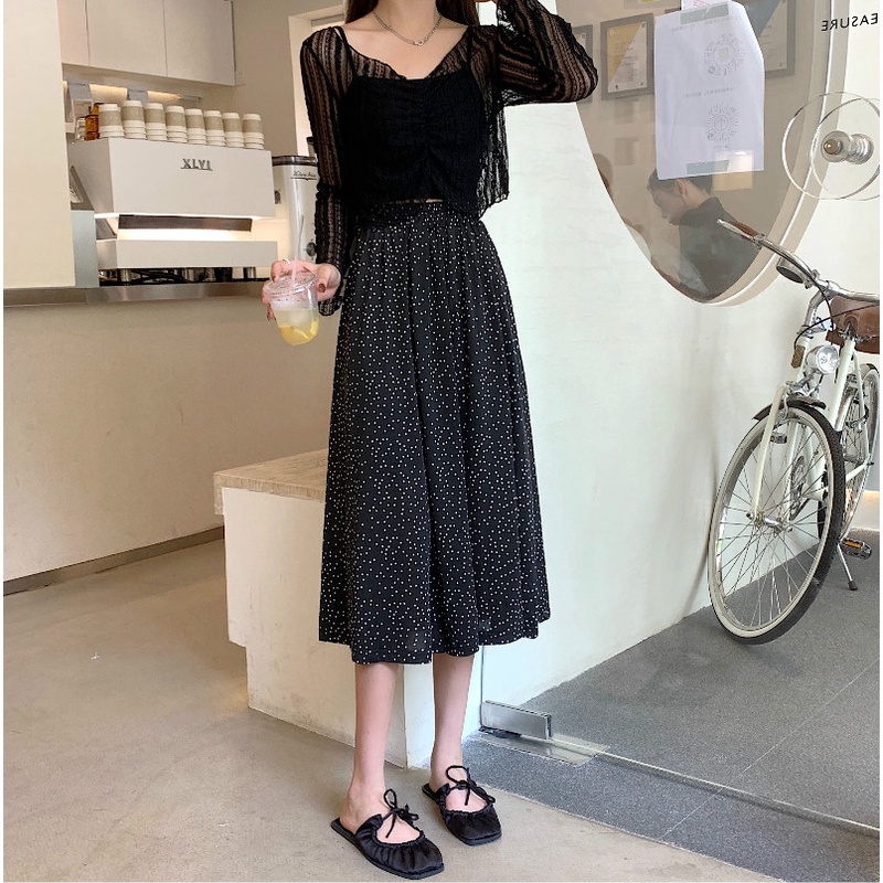 SUXI Chân váy chữ a lưng cao họa tiết chấm bi màu đen thời trang mùa hè cho nữ
