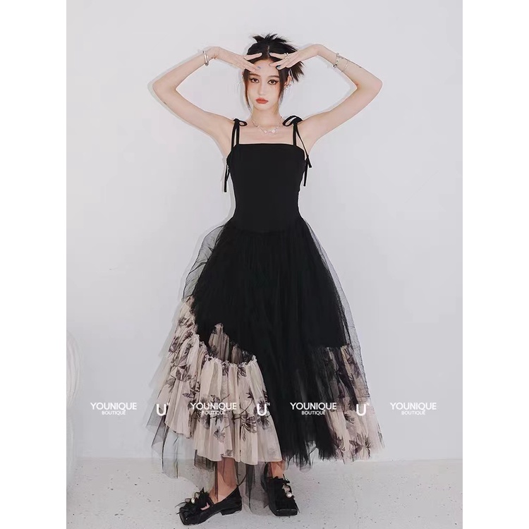 Đầm Hai Dây Màu Đen Phong Cách Retro Quyến Rũ Cho Nữ