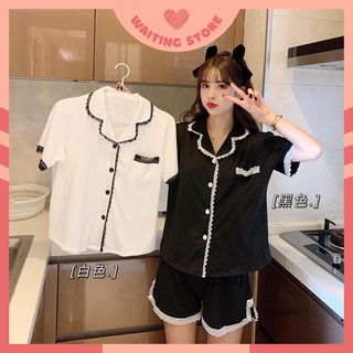 Pijama- Đồ Bộ Ngủ, Set Cộc Mặc Nhà Màu Đen Trắng Viền Ren Cách Điệu CCCP12