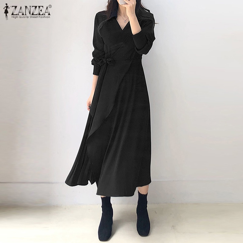 Đầm ZANZEA trơn ôm dáng thường ngày cài cúc cổ bẻ dễ phối đồ đơn giản phong cách Hàn Quốc