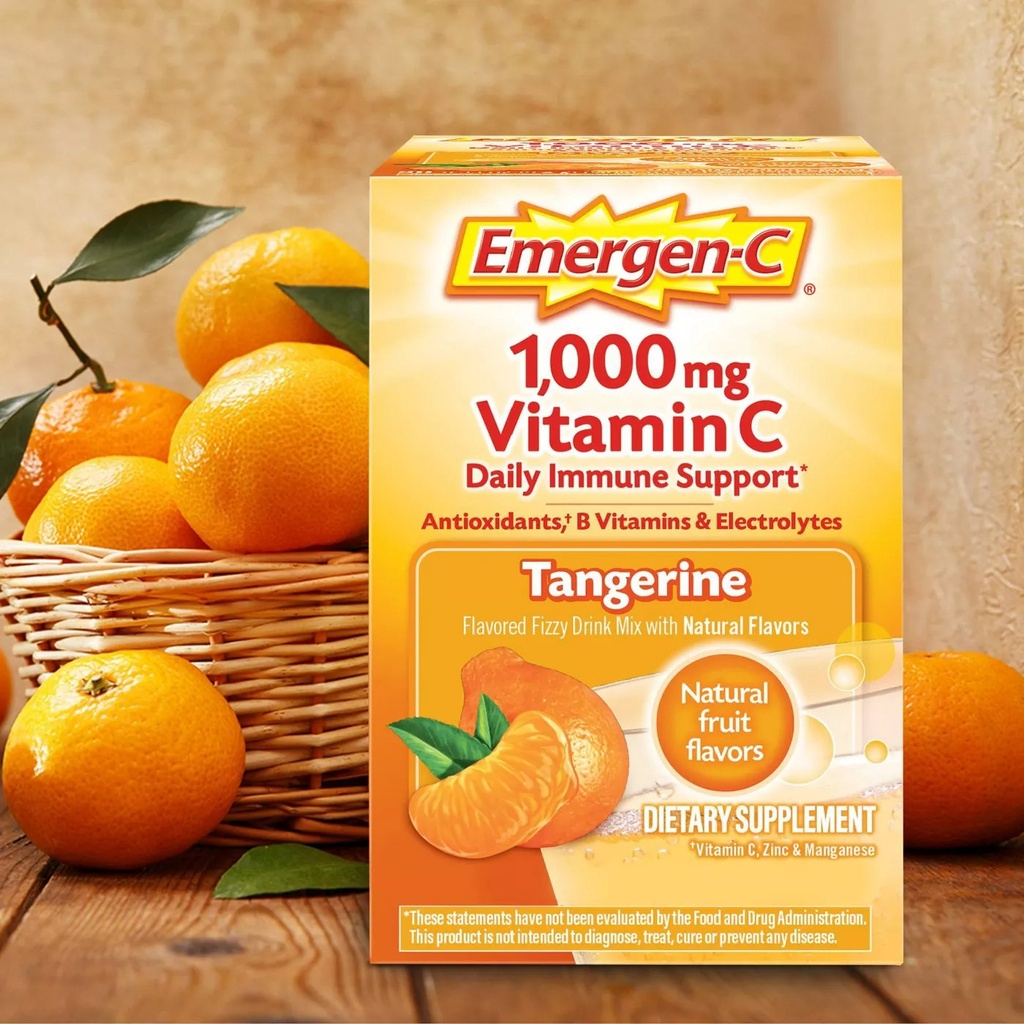 Gói Bột sủi hòa tan Vitamin C 1000mg EmergenC Daily Immune Support Tăng Sức Đề Kháng vị Cam, Quýt, Phúc bồn tử của Mỹ