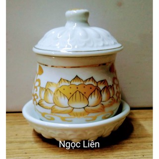 Ly cúng nắp đậy hoa sen sứ trắng