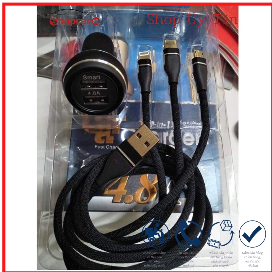 Tẩu Sạc Ô tô, Tẩu Sạc Xe Hơi PUGAN. + Dây Sạc, Dùng Nguồn 12V-24V, Sẵn 3 đầu tiện dụng cho các thiết bị điện tử trên xe