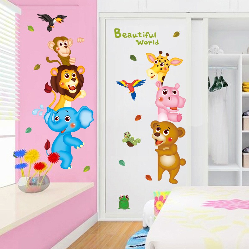 Tranh decal dán tường ĐỘNG VẬT TINH NGHỊCH BÊN CỬA cho bé - Decal dán tường️