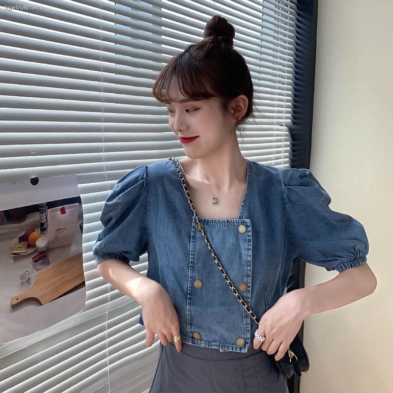 ۩✿Summer 2021 new retro Hong Kong style design sense navel short loose square collar denim short-sleeved shirt top women