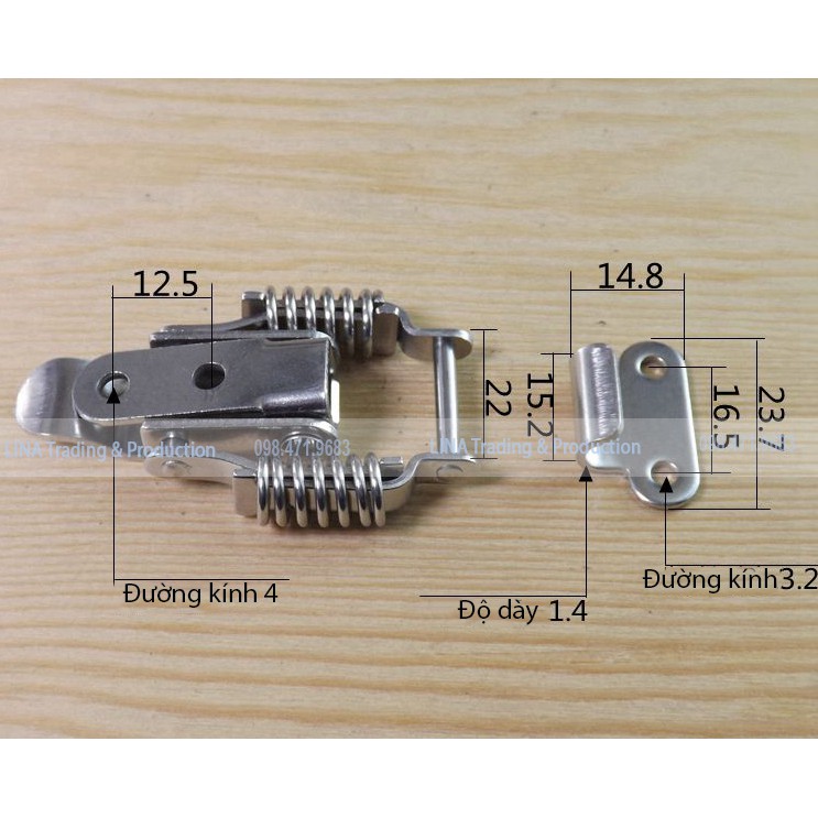 Khoá gài lò xo  INOX 304 dạng trơn và dạng móc Size S