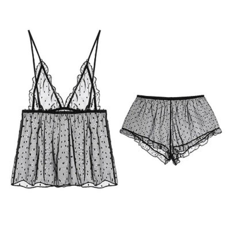 Bộ Đồ Ngủ Vải Voan Cổ Chữ V Khoét Sâu Phối Ren Họa Tiết Chấm Bi Gợi Cảm Cho Bạn Gái