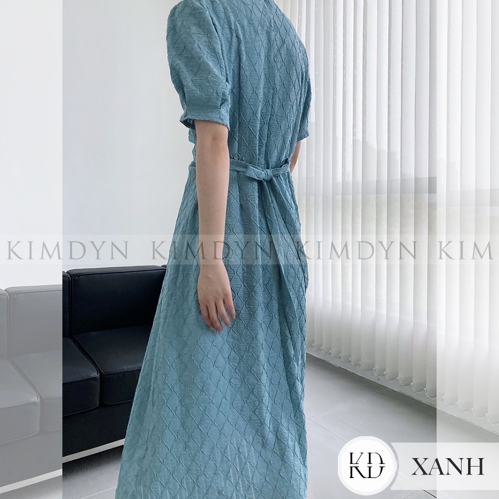 Đầm xòe midi tay phồng vải nhún mềm có lót KimDyn