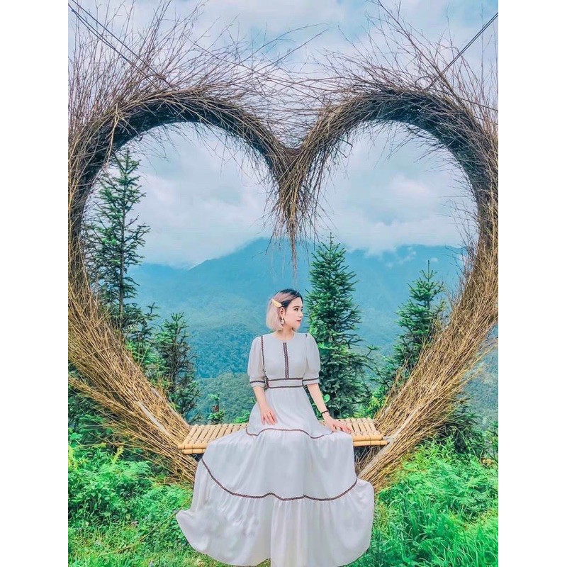 Đầm maxi đũi lụa thổ cẩm phối viền tay bồng hở lưng vintage, Váy tiệc xoè xịn retro du lịch chụp ảnh đẹp 3 MÀU HÌNH THẬT | BigBuy360 - bigbuy360.vn