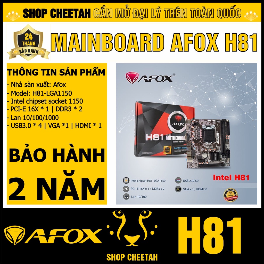 Main Afox H81 ( LGA1150 ) – Chính hãng – Bảo hành 2 năm – Hỗ trợ Chip Intel socket 1150 – Bo mạch chủ máy tính
