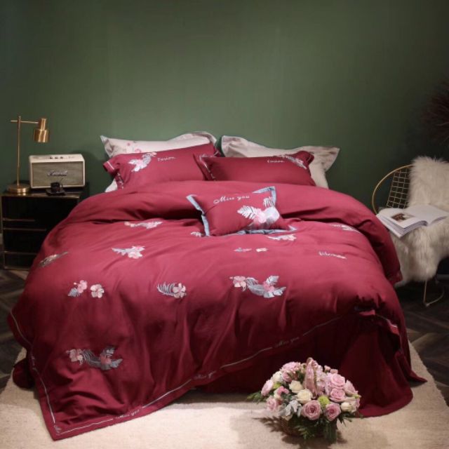 Bộ chăn ga cưới PHƯỢNG HỒNG ĐỎ ĐÔ set chăn ga gối 7 món COTTON ORIGINAL 100% Hàn Quốc