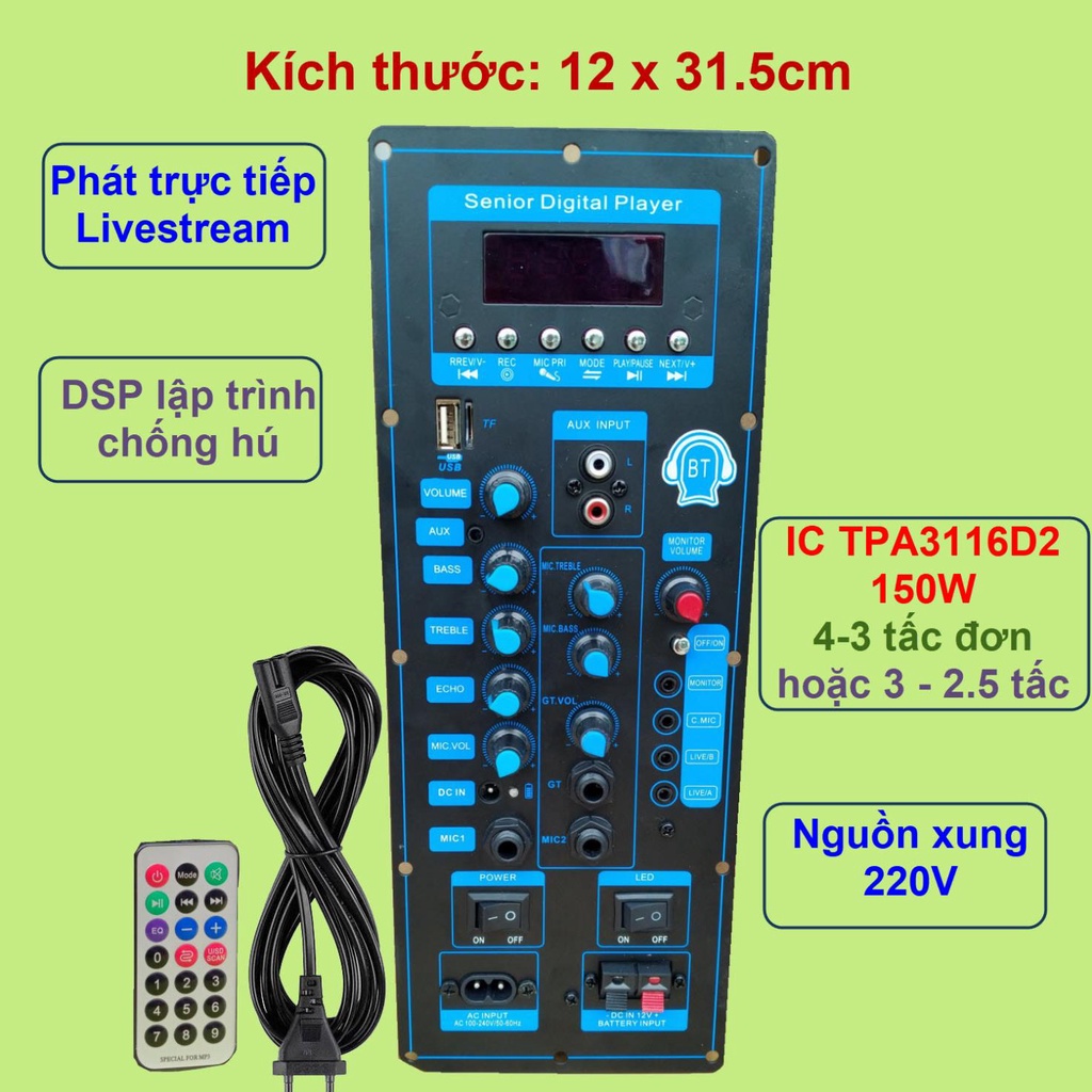 Mạch loa kéo TPA3116D2 150W LIVESTREAM - DSP lập trình chống hú loa kéo 4 – 3 tấc ĐƠN hoặc 3 – 2.5 tấc ĐÔI VR XANH