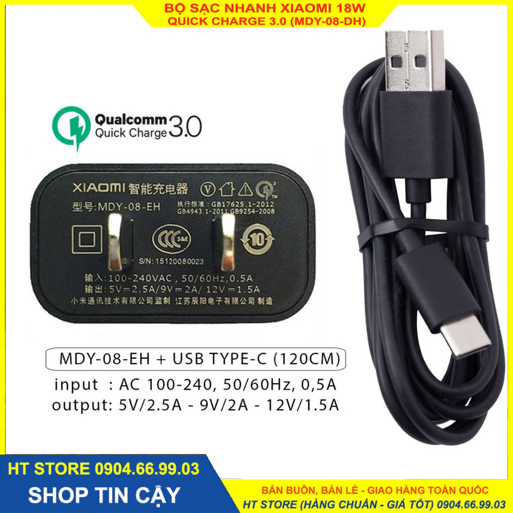 Bộ sạc nhanh XIAOMI 18W , mã MDY-08-EH, Quick Charge 3.0, cáp Chân USB to Type C, hỗ trợ cả thiết bị Android và iOS