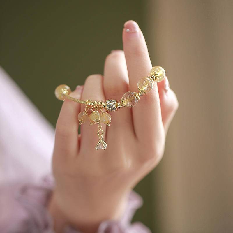 Vòng Đeo Tay Bằng Titan Đính Pha Lê Màu Vàng Đào / Hoa Đào Xinh Xắn đá phong thuỷ vòng tay Chính Hãng Thạch anh