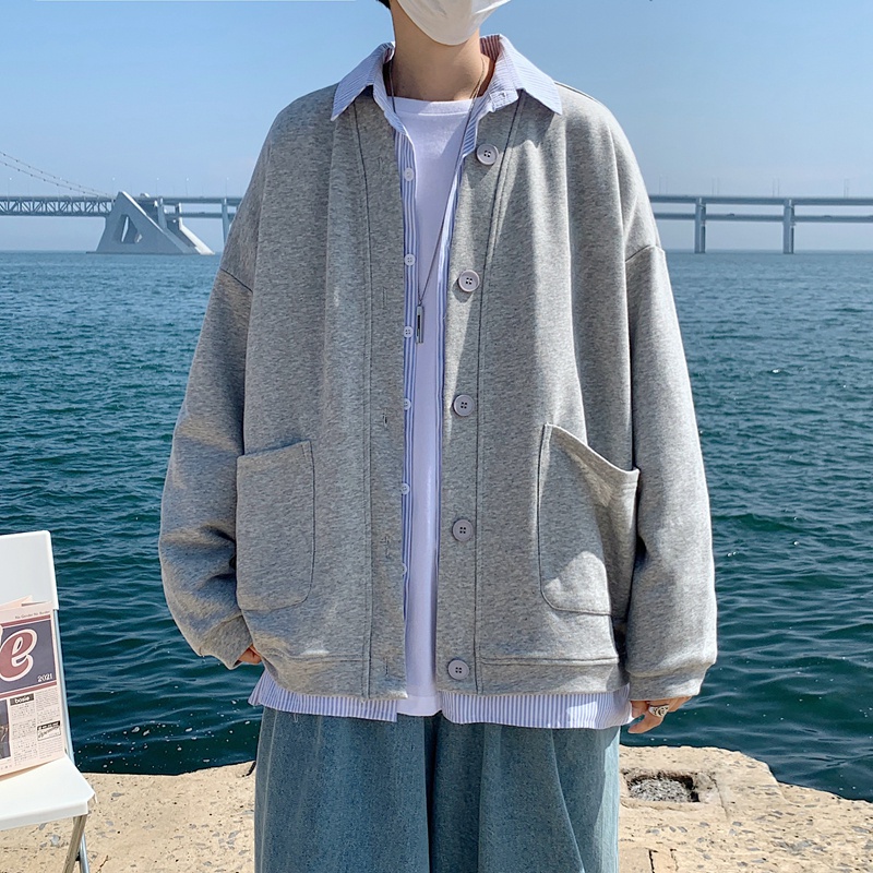 Áo khoác cardigan len dáng rộng tay dài cài nút kiểu Hong Kong thời trang mùa thu 2021 cho nam