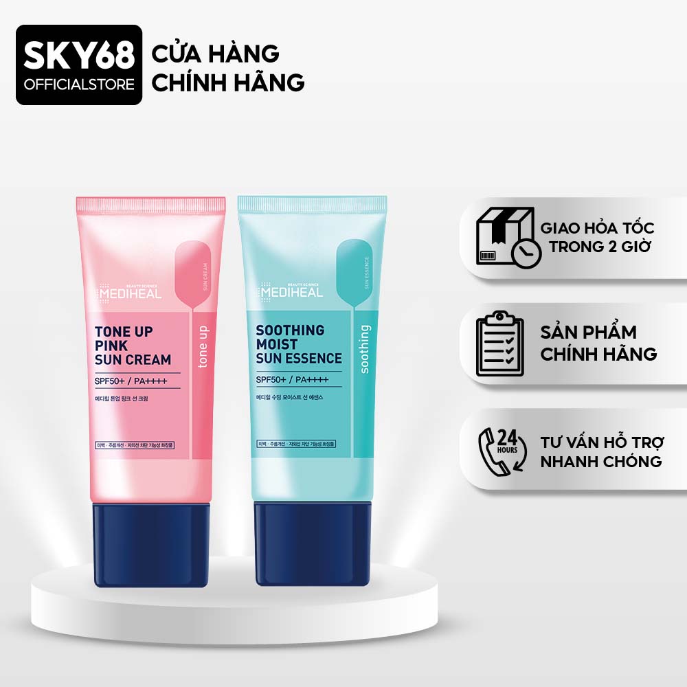 Kem Chống Nắng MEDIHEAL Tone Up Pink Sun/ Soothing Moist Sun Essence SPF50+ 45ml