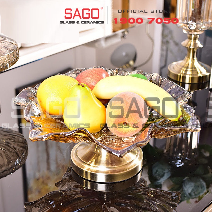 Đĩa Thủy Tinh Trái Cây Có Chân Mạ Đồng Họa Tiết Hoa Tulip Cao Cấp | Tùy Chọn Size