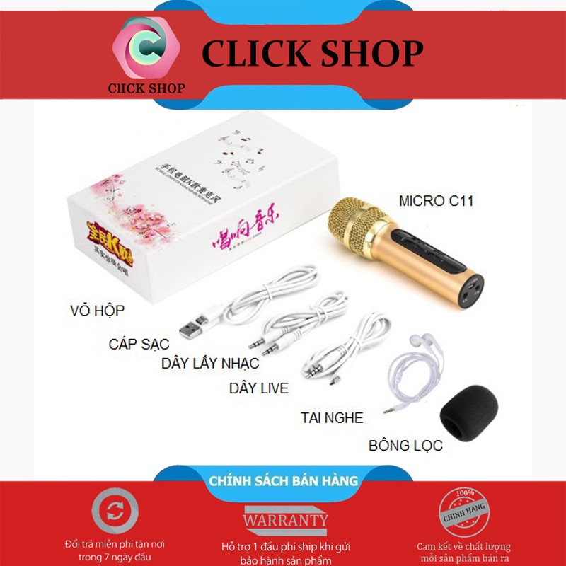 Mic Thu Âm C11 Nâng Cấp Tích Hợp 2 in 1 - Mic Livestream Có Pin và Tặng 1 Tai Nghe Nhỏ Gọn Tiện Khi Di Chuyển