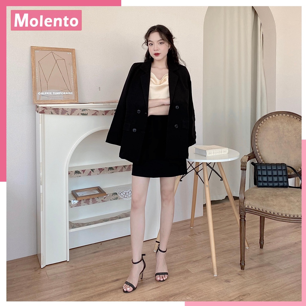 Áo Blazer Nữ Áo Vest Khoác Ngoài 2 Lớp Dài Tay Túi Nắp Dáng Rộng Phong Cách Hàn Quốc Màu Nâu Tây Be Đen Xanh MOLENTO M77