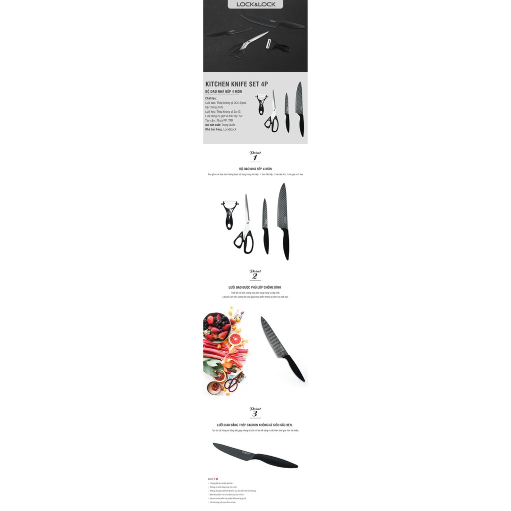 Bộ dao nhà bếp 4 món Lock&Lock kitchen knife set - màu đen CKK103S4BLK