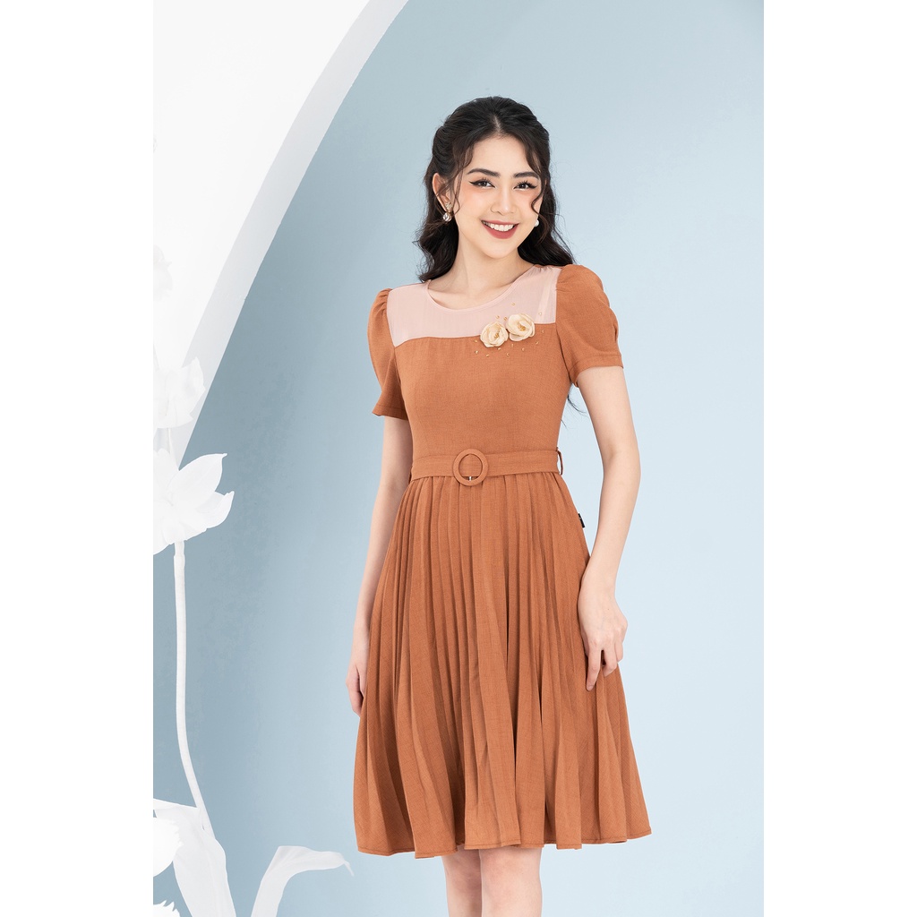 Đầm Xòe Xếp Ly Luperi LFV3259 thiết kế đính hoa thủ công tinh tế thắt đai tạo eo thon cho nàng công sở đi làm dự tiệc