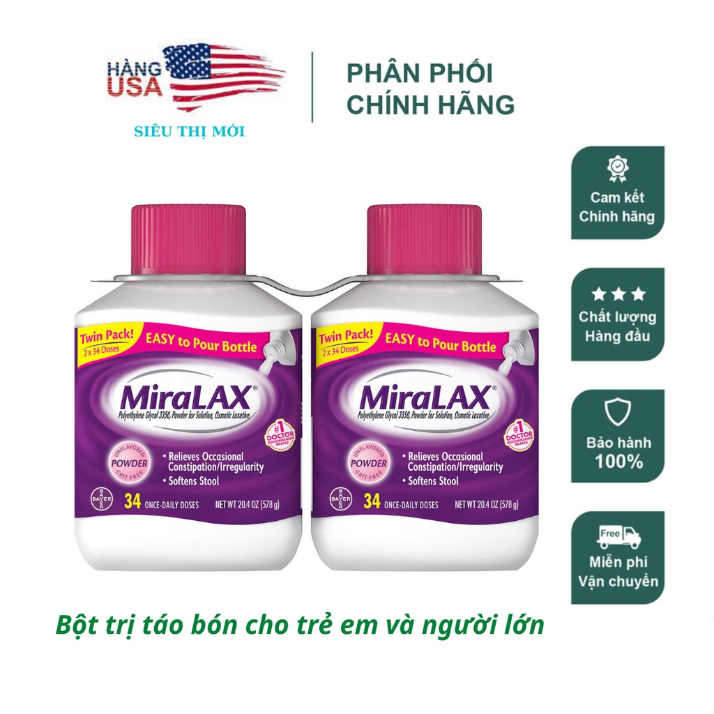 Bột uống hỗ trợ giảm táo bón MiraLax Mỹ hộp 574gr