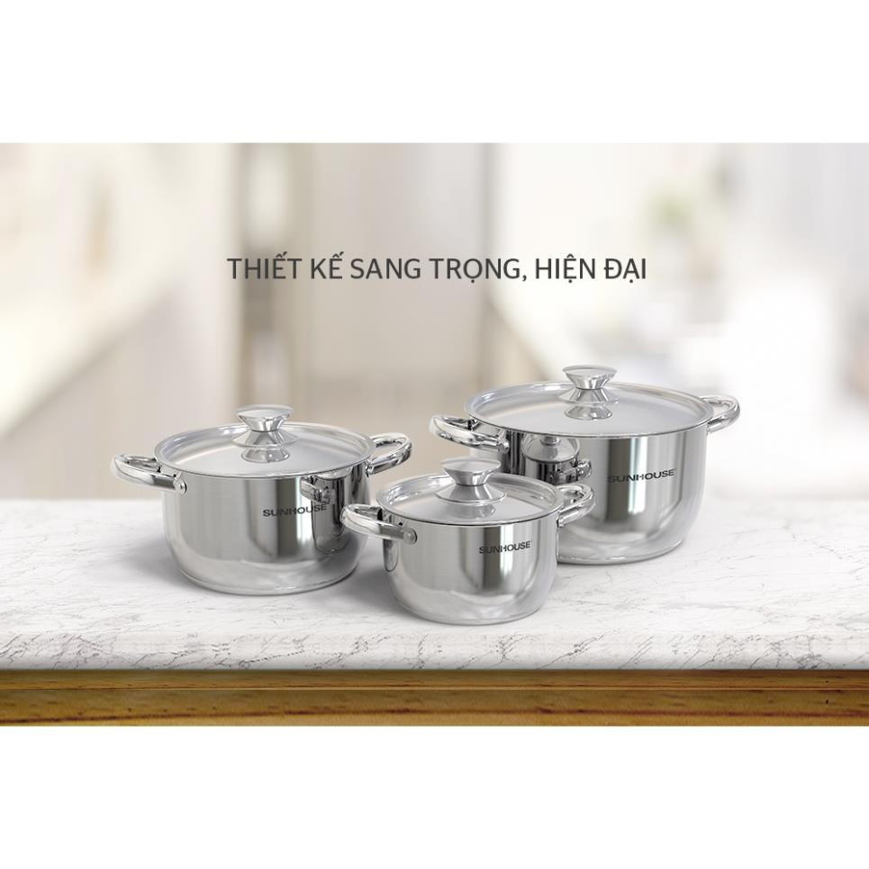 Bộ 3 nồi inox 3 đáy Sunhouse SHG302 (new model 10.2021) 16cm/20cm/24cm - Sử dụng mọi loại bếp !
