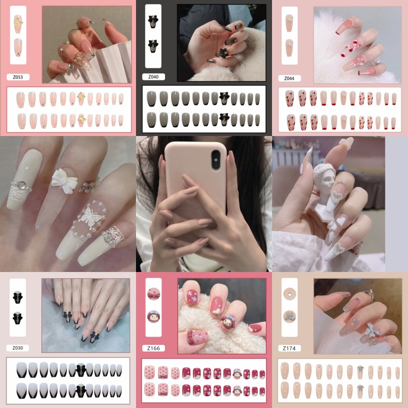 Bộ 24 Móng Tay Giả Dài Màu Đen Đính Nơ Có Thể Tháo Rời Cho Nữ