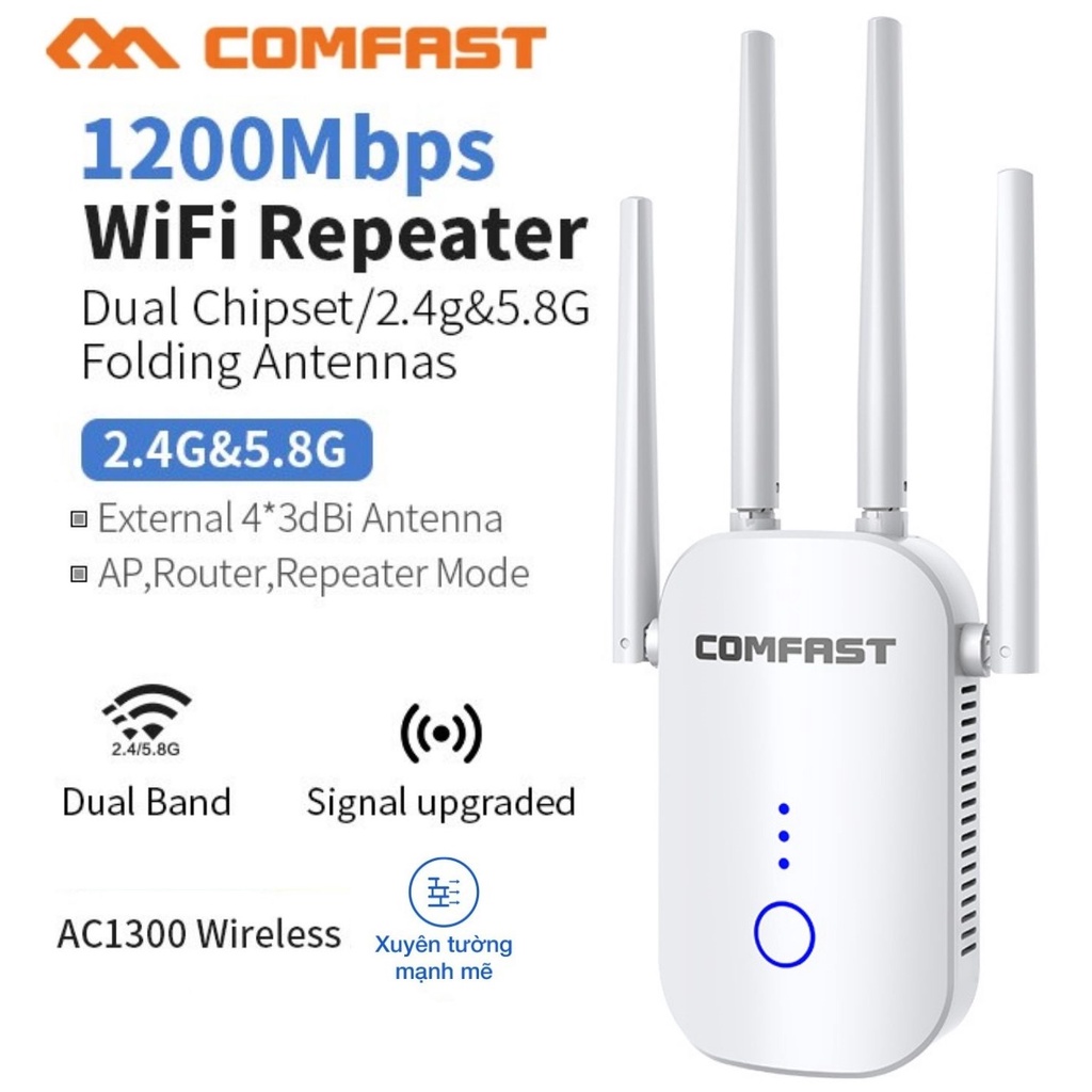 Bộ mở rộng sóng Wifi chuẩn AC tốc độ cao 1200Mbps Comfast băng tần kép CF-WR758AC. BH 24 tháng