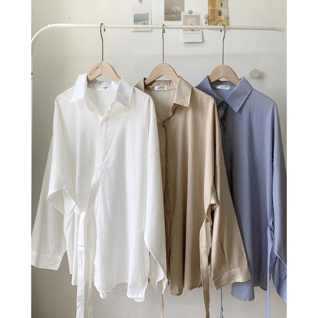 Áo sơ mi Hàn Quốc, Áo sơ mi trơn dáng rộng thắt nơ bên nhiều màu Ulzzang - Ảnh thật