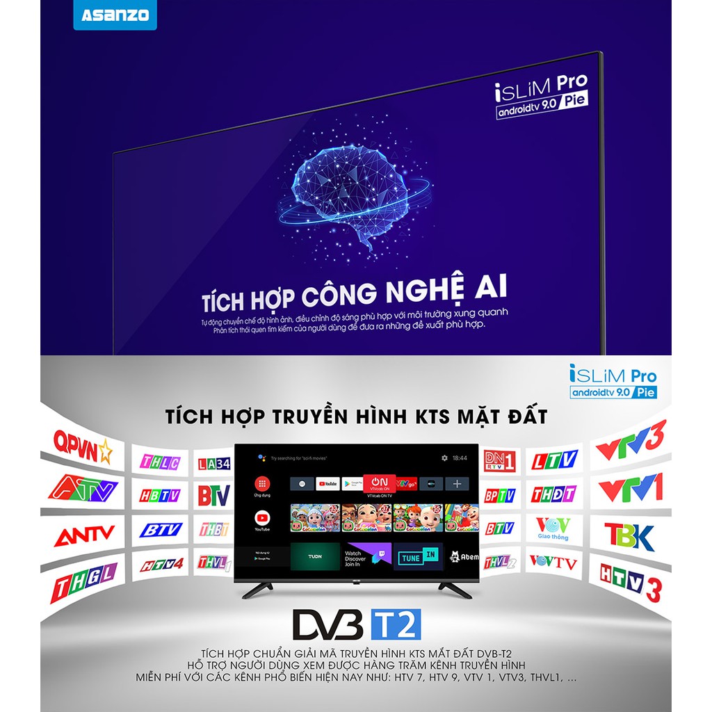 Smart Voice Tivi Asanzo 43 inch 43S51 Android 9.0, Full HD, Có Remote Giọng Nói, Chromecast built-in, DVB-T2