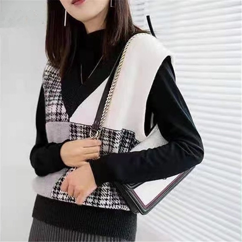 Áo len NZN không tay dáng rộng cổ chữ V họa tiết sọc caro 2 màu phong cách retro độc đáo