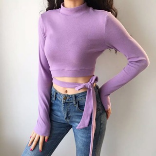 Áo cổ lọ mỏng thắt nơ eo ulzzang màu tím - Purple Girl