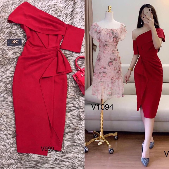 Đầm đỏ body lệch vai