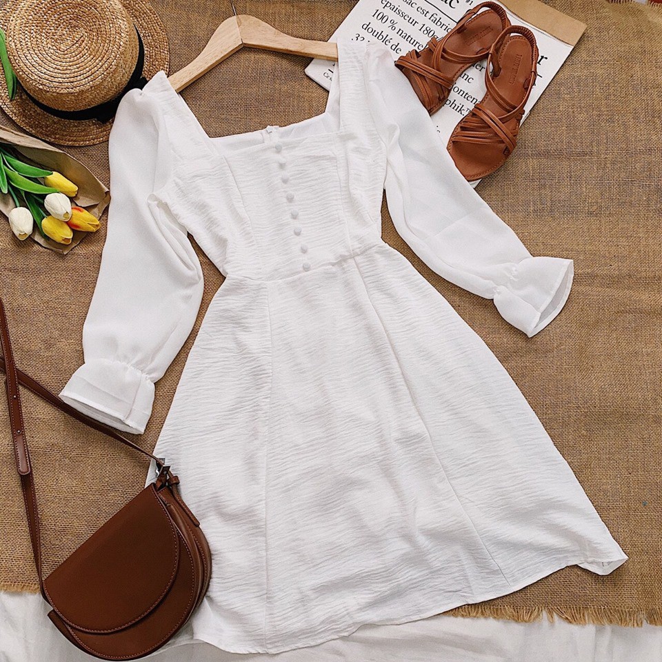 Đầm trắng cổ vuông tay xốp phồng dịu dàng nữ tính | BigBuy360 - bigbuy360.vn