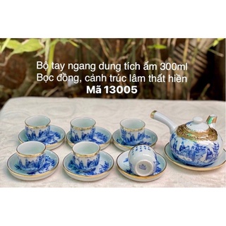 Ấm chén quai ngang bọc đồng cảnh trúc lâm - Gốm sứ Bát Tràng Cao Cấp
