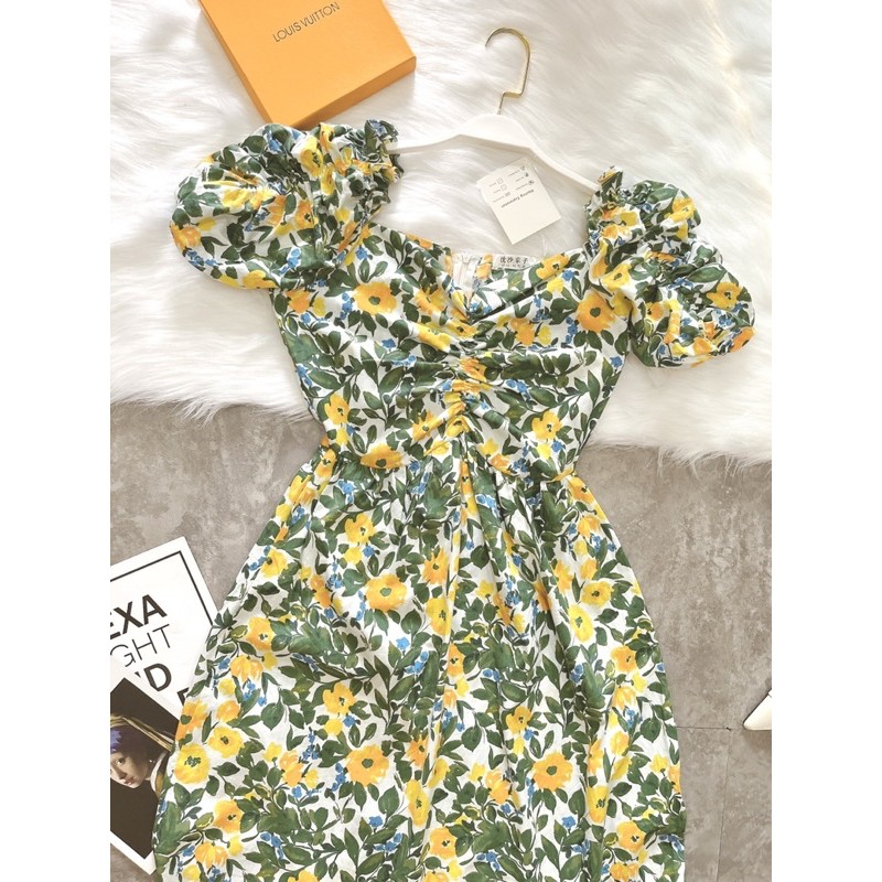 VNU241 - VÁY MAXI DÚM NGỰC HOA VÀNG LÁ XANH ĐUÔI CÁ | BigBuy360 - bigbuy360.vn