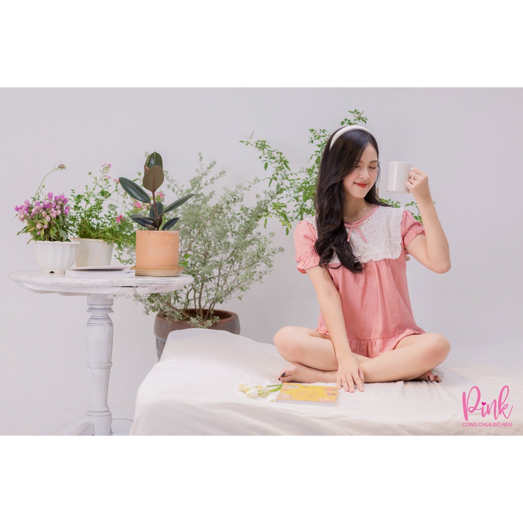Bộ Ngủ Pijama Nữ Tay Ngắn Quần Đùi Chất Đũi Cao Cấp Màu Hồng Phong Cách Ulzzang Hàn Quốc HOT TREND