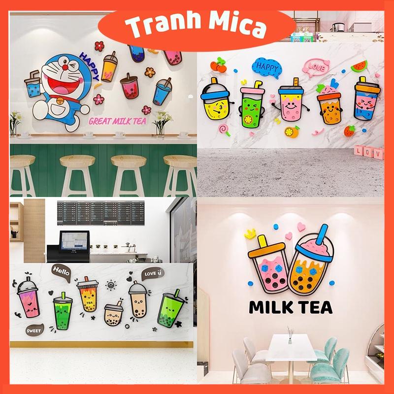 Tranh mica 3d dán tường các mẫu tranh hình ly trà sữa dễ thương, doremon trang trí quán trà sữa