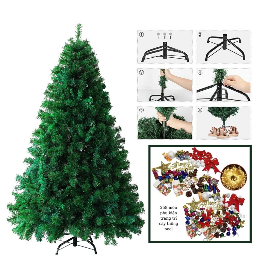 Cây thông noel 3m chân sắt tặng kèm set phụ kiện trang trí và dây đèn led xinh lung linh đón Giáng Sinh