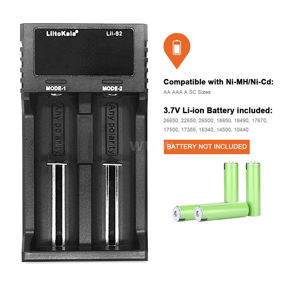 Liitokala Lii-S2 Battery Charger LCD 2 Slots for 18650 26650 21700 18350 AA AA Lithium NiMH Battery Auto-polarity Detector Charger