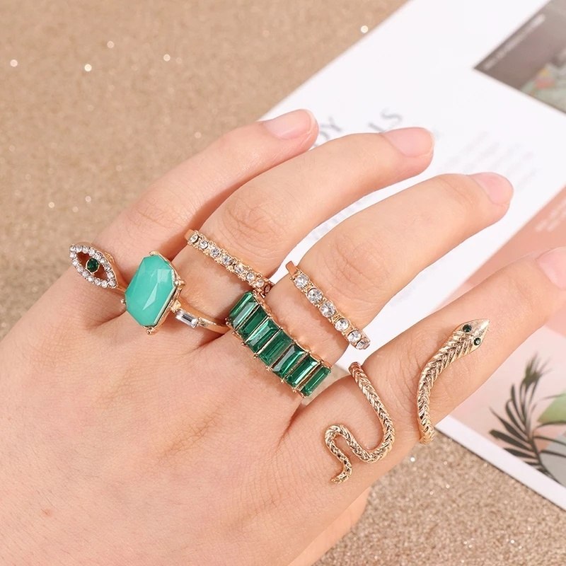 Set 6 Nhẫn Đeo Tay Kim Loại Đính Đá Thời Trang Cho Nữ