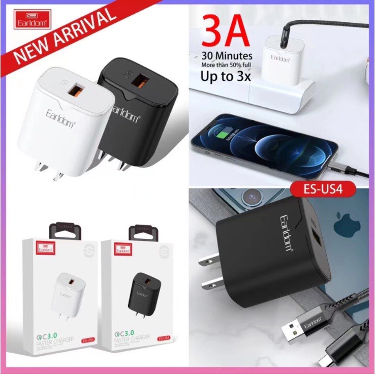 Bộ sạc nhanh QC 3.0 chính hãng Earldom ES-US4 sạc nhanh 3A cho Iphone/Ipad điện thoại Android
