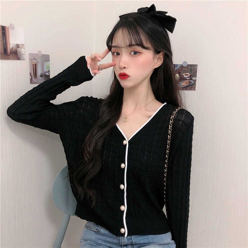 Áo Khoác Cardigan Thun Len Nữ Tay Dài Sọc Gân Thời Trang